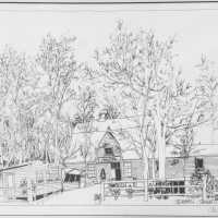          Print of a drawing of the entrance view of the Red Barn Theatre
   