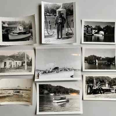 nine b/w photos front: Bottom row, far left: Note from Jack Sheridan "Interesting photo but not Saugatuck in my opinion. Reasons: Building structure does not come close to anything I have seen in the Singapore area. Furthermore the structure is easily visible from the channel and it would no doubt have appeared in other photos. The channel wall and sand dune terrain is common on the Lake Michigan lakeshore so it could be many other locations. The yacht vintage is ca 1920. "