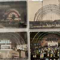          Big Pavilion Sheet 02; The image displays four vintage postcards featuring Saugatuck, Michigan's Big Pavilion, showing construction, exterior lighted night view and interior.
   