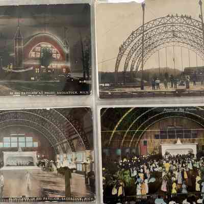 Big Pavilion Sheet 02: The image displays four vintage postcards featuring Saugatuck, Michigan's Big Pavilion, showing construction, exterior lighted night view and interior.