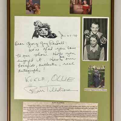 Burr Tillstrom letter and photos, framed