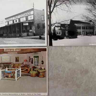 Fennville fruit exchange , View of large mansion located in Fennville Michigan - message side of postcard is written “Hutchinson House”. , Elsie and Elmer - Beauregard too . Elsie, Elmer and Beauregard are traveling representatives of the Borden’s Family of fine foods. Sheet 12