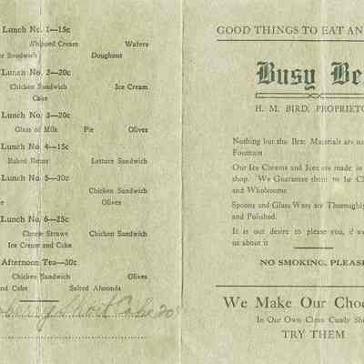 Busy_Bee_menu copy.jpg 5.1MB: Digital only from Jane Van Dis collection  - Digital file on Jack Sheridan Drive 2021.72.02