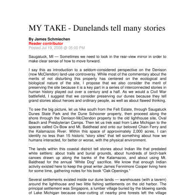 dunelands.pdf 20KB: PDF of "MY TAKE - Dunelands Tell Many Stories" by James Schmiechen, Holland Sentinel newspaper, July 19, 2008 .
