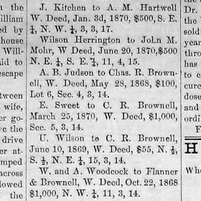 cr1870071603RealEstateSales.jpg: J. Kitchen to A.M. Hartwell; Wilson Herrington to John M. Mohr; A.B. Judson to Charles R. Brownell; E. Sweet to C.R. Brownell; U. Wilson to C.R. Brownell, W. Woodcock and A. Woodcock to Flanner & Brownell
