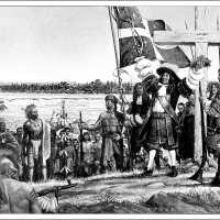          French nobleman claims Lake Superior and Indian lands for France. Source unknown.; Lake Huron
   