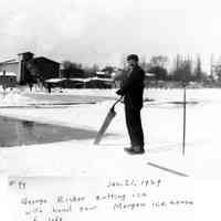          95_18_1b_Cutting_ice.jpg 1.7MB; 95-18-1B George Ricker cutting ice with hand saw Morgan ice house at left
   