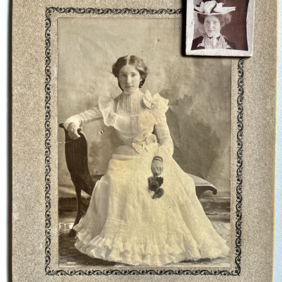 Jennie Veits Brown in her graduation gown and another photo with hat (inset): 8" h x 6" w including card