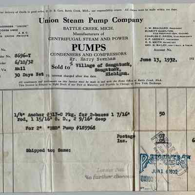 B. Invoice for pump, 1932