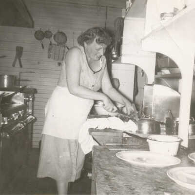Louise Hiestand at work, probably at Indian Inn: photo original in Accession folders
