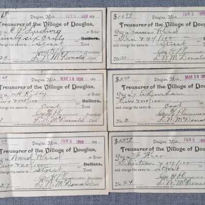 Checks from the Treasurer of the Village of Douglas March and June 1899: Signed by George H. Plummer, president and L. W. McDonald, clerk
Paid to J.E. Durham, J.H. Kibby, James Reed, Ward Reed, F. Kerr, C.P. Ludwig for street or "cont" fund