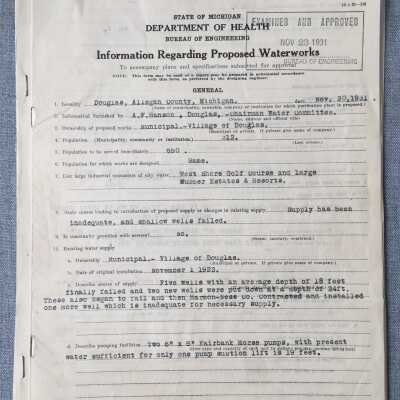 West Shore Golf Course waterworks proposal, November 23, 1931, prepared by A. F. Hanson, Douglas chairman of water committee.: Reports of well failures, Harmon-Ness Co., and Fairbank Morse pumps