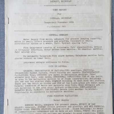 Water supply report November 1931 report by O.M. Henn of the Michigan Inspections Bureau, Detroit Michigan,: Notes about wells, fire departments, fire alarms,anti-wood shingle ordinance, general observations about the town (noted in transcript) and recommendations.