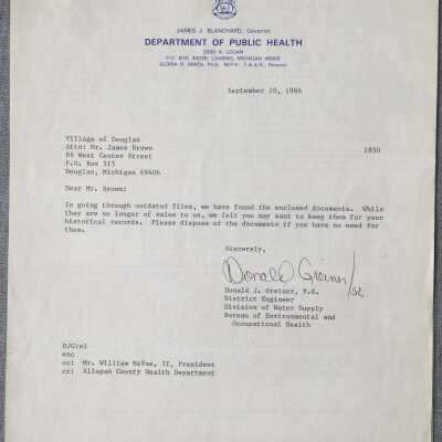 Cover letter from Donald J. Greiner to James Brown explaining the documents, September 1986