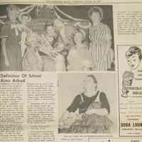          22Aug1968 MrsSaugatuck1868.JPG 1.2MB; Article about the pageant from the August 22, 1986 Commercial Record with photo captions:
Master of Ceremonies Ev Thomas plants a kiss on Mary Net Steele, crowned Mrs. Saugatuck-1868, Aug. 14, 1968.
in Cook Park. Her court includes, from left, Joyce Busscher, Dee Smith, Betty Fiala, Jane Van Dis and Peggy Boyce. Mrs. Ileene StilIwell conducted the contest.
Mary Net Steele does old-fashioned burlesque number.
(Prosch-Jensen Photo)
   