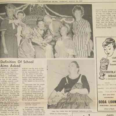 22Aug1968 MrsSaugatuck1868.JPG 1.2MB: Article about the pageant from the August 22, 1986 Commercial Record with photo captions:
Master of Ceremonies Ev Thomas plants a kiss on Mary Net Steele, crowned Mrs. Saugatuck-1868, Aug. 14, 1968.
in Cook Park. Her court includes, from left, Joyce Busscher, Dee Smith, Betty Fiala, Jane Van Dis and Peggy Boyce. Mrs. Ileene StilIwell conducted the contest.
Mary Net Steele does old-fashioned burlesque number.
(Prosch-Jensen Photo)