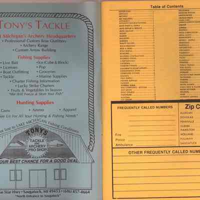Tony's Tackle, table of contents: inside front cover