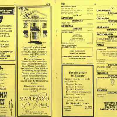 Village News & Tobacco, Maplewood Hotel, M&G Wayside Motel, Saugatuck Motor Lodge, Huntree Nursery, Wavecrest Nursery, Dr. Richard C. Annis, Crane Orchards, Saugatuck Drug, La Shell Photography, Palazzolo's, Pizza Pantry, Little Store