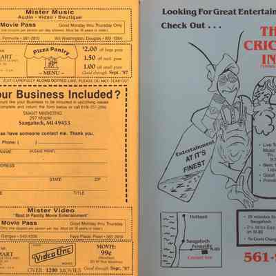 inside back cover: Mister Music, Pizza Pantry, The Cricket Inn