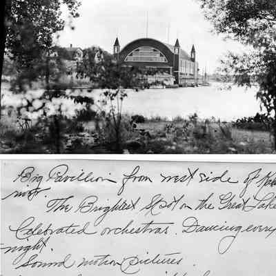 95 84 13 Big Pavilion.jpg 1.7MB: Ca_1938. Original in box 31, envelope 95-84-13. "Big Pavilion from west side of Kalamazoo River. The Brightest Spot on the Great Lakes. Celebrated orchestras. Dancing every night. Sound motion pictures. Western Electric equipped.
