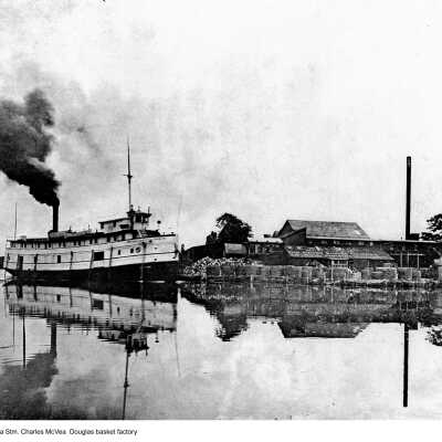 The “Charles McVea” fruit freighter approaches Douglas Basket Factory ca.1900.: 95_21_1aa_Stmr_C._McVea