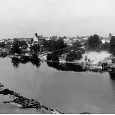 Light1905pano.jpg 16.5MB: Ca 1906 Kalamazoo River mouth and lighthouse - Two Deam family glass plates combined into one panorama image by Jack Sheridan. See 2023.10.103 for original images