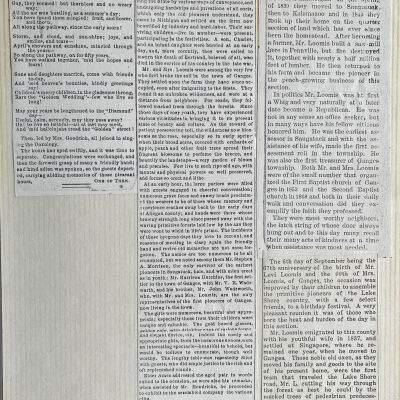 Photocopy of newspaper clipping of account of Loomis Golden (50th) wedding anniversary celebration in May 1887. Guests included fellow pioneers Stephen A. Morrison, Harrison Hutchins, V.R. Wadsworth and John Wadsworth.