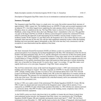 Radar descriptive narrative for historical registry 04-02-2017 by Chuck Gustafson