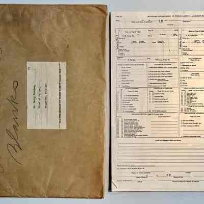 D. Five Michigan State Department of Public Safety blank accident report forms and envelope addressed to Harry Newnham.