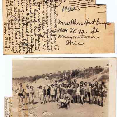 HH-OvalBeach1942-2.jpg 5.8MB: Photo postcard mailed to Ada (Hames) Houtkamp from Saugatuck in 1946 "Dear Ada: So nice of you to always remember our anniversary - how fast the years slip by - 47 now for us. We have worked hard - but have prospered & have two grand children & 2 grand daughters. Poor Steve - not much hope for him - dropsy now has set in - It is too bad - but he would not doctor - so now it is too late. I fee so sorry! Love May. Jim Koning ? laid up into heart - nearly 2 months now. He is so frail.