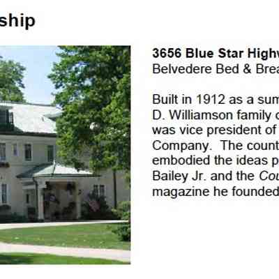 3656 Blue Star Highway, Saugatuck
Belvedere Bed & Breakfast
Built in 1912 as a summer home for the John
D. Williamson family of Chicago. Williamson was vice president of People's Gas and Electric Company. The county gentleman estate embodied the ideas put forth by Liberty Hyde Bailey Jr. and the Country Life in America magazine he founded.