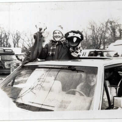 TillstromParade.jpg 398 KB: Note Ollie's spots. Burr Tillstrom in Saugatuck parade with larger-sized Kukla and Ollie puppets. Kit Lane image of Burr with his oversized puppets