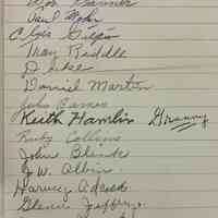          List of names tucked inside a birthday card; Arlu Horn, Bob Flammer, Paul Moker, C. Lois Gilpin, Troy Riddle, Duke, Daniel Martin, John Barnes, Keith Hamlin, Granny, Ruby Collins, John Blink, J.W. Albin, Harvey Adcock, Glenn Jeffreys, James Bryant, Jine Taylor, Ouginea Willard
   