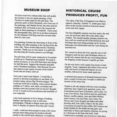 SDHS newsletter, October 2001, page 2 with account of permission to reproduce Martha Severt Big Pavilion painting