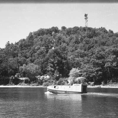 simmons-355 tug "Andrew" with Mt. Baldhead radar uncovered, August 1958