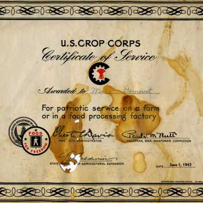 U.S. Crop Corps Certificate of Service Awarded to Marvin Demerest