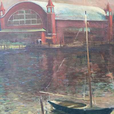 Closeup of “The Big Pavilion and Coral Gables” by John Polka: Closeup of the view from the west shore of the Kalamazoo River