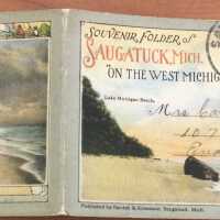          Postcard souvenir booklet. Outside used for address and mailing . Front photo is titled “Lake Michigan Beach”
   