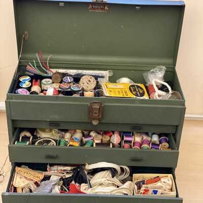 Burr Tillstrom’s sewing kit -drawers two and three and front cover (before dust and grime was cleaned)