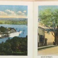          Postcard souvenir booklet. Inside pictures captioned “Birdseye view of Saugatuck and “Main Street.”
   