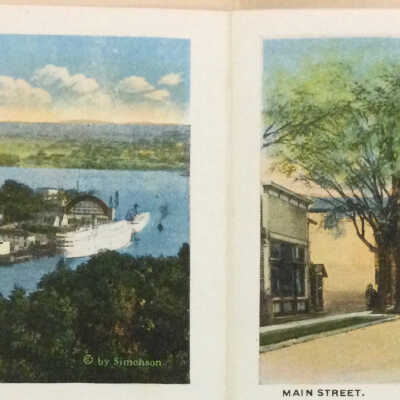 Postcard souvenir booklet. Inside pictures captioned “Birdseye view of Saugatuck and “Main Street.”