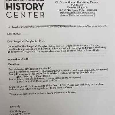 Acknowledgment of gifts letter to Art Club: Acknowledgement of gifts to Saugatuck Douglas History Center