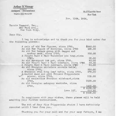 Hammond mansion album- typed price list and possible receipt to Harris Hammond from Arthur Vernay November 13th and December 1st 1924