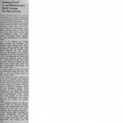 Indians Used Local Waterways, Built Camps On Site of City-Newspaper Article
