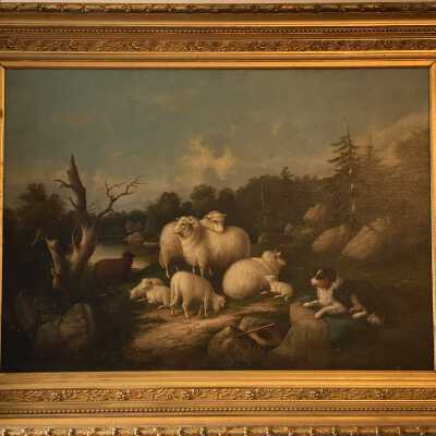 Susan C. Waters Painting - Sheep and Lambs with Dog in Rocky Forest Landscape