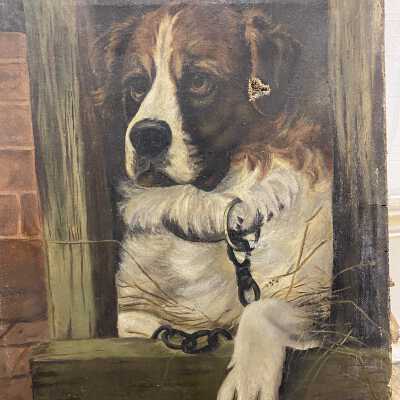 E.T. Satterthwait Painting - Dog sitting in wooden dog house