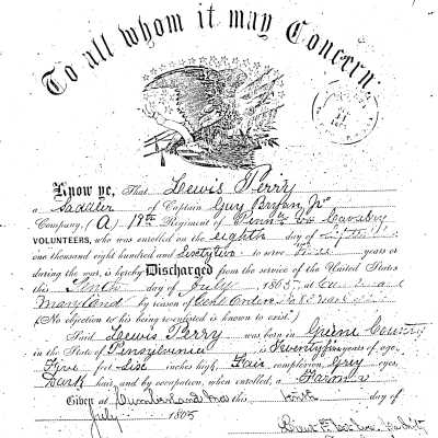 Lewis Parry, Civil War discharge, 10 July 1865