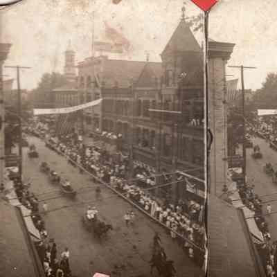 Stereograph of a parade on High Street (looking east toward Washington Street) in Waynesburg