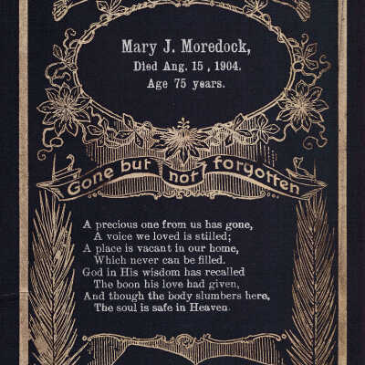 Ammons-Moredock Album 02, Photo 24 - Funeral card of Mary Jane (Reynolds) Moredock [1830-1904]