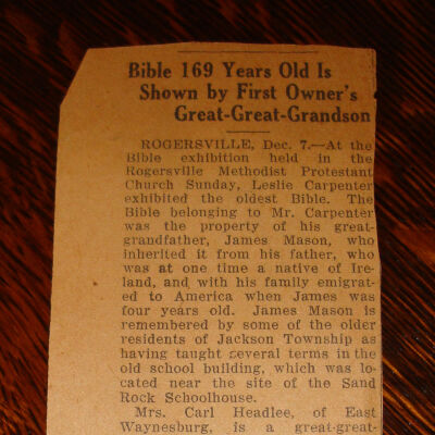 Article regarding display of William Mason Family Bible: See WEB LINKS to DOWNLOAD high-resolution image.